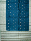 Teal Blue Chiniya Silk Saree With Silver Zari Butta & Pista Green Border