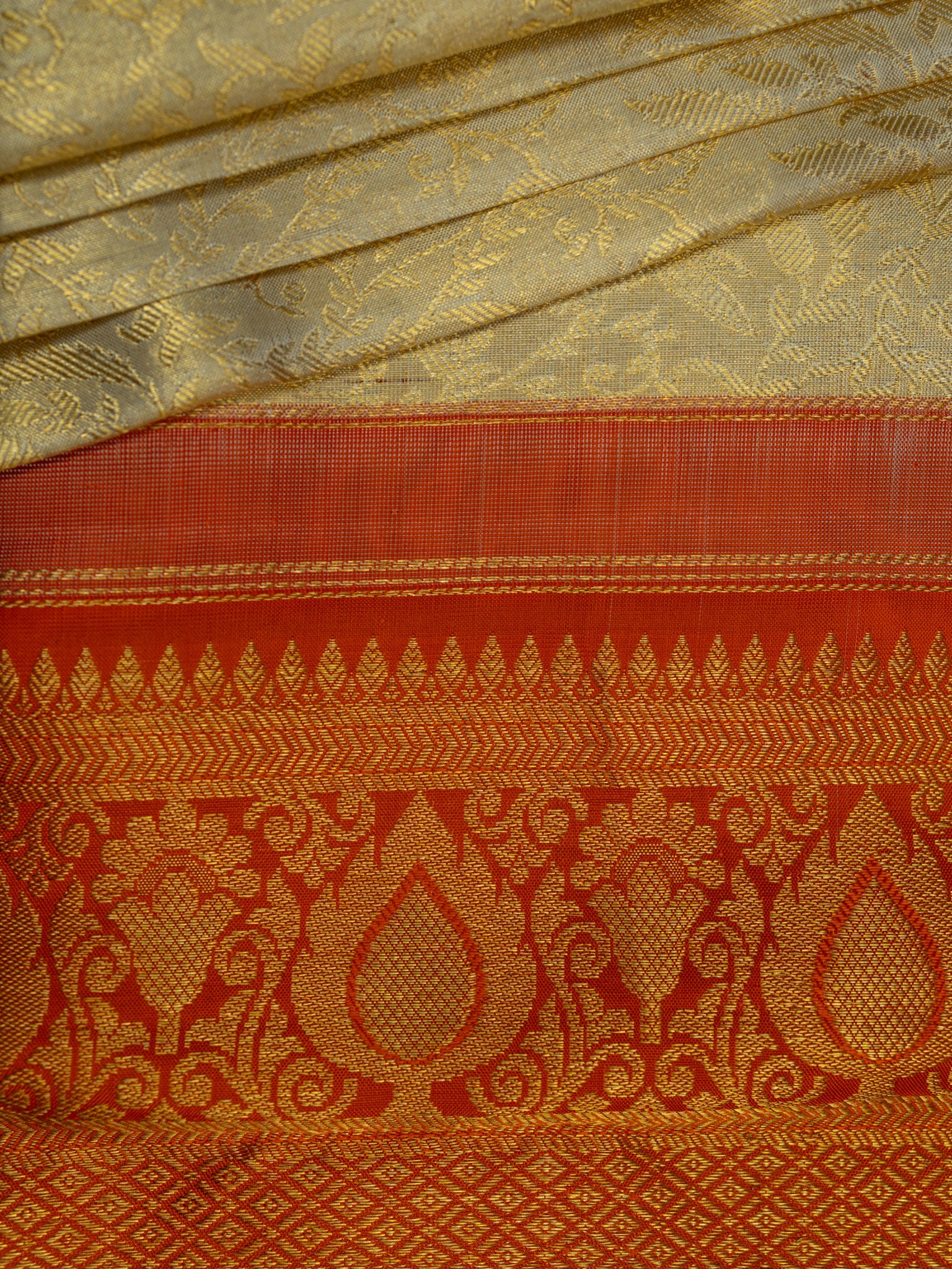 Kanjeevaram Kanchi Pattu All Over Butta Gold Zari With Contrast Border & Edgeing (Talambralu) Cream + Orange + Green