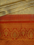 Kanjeevaram Kanchi Pattu All Over Butta Gold Zari With Contrast Border & Edgeing (Talambralu) Cream + Orange + Green