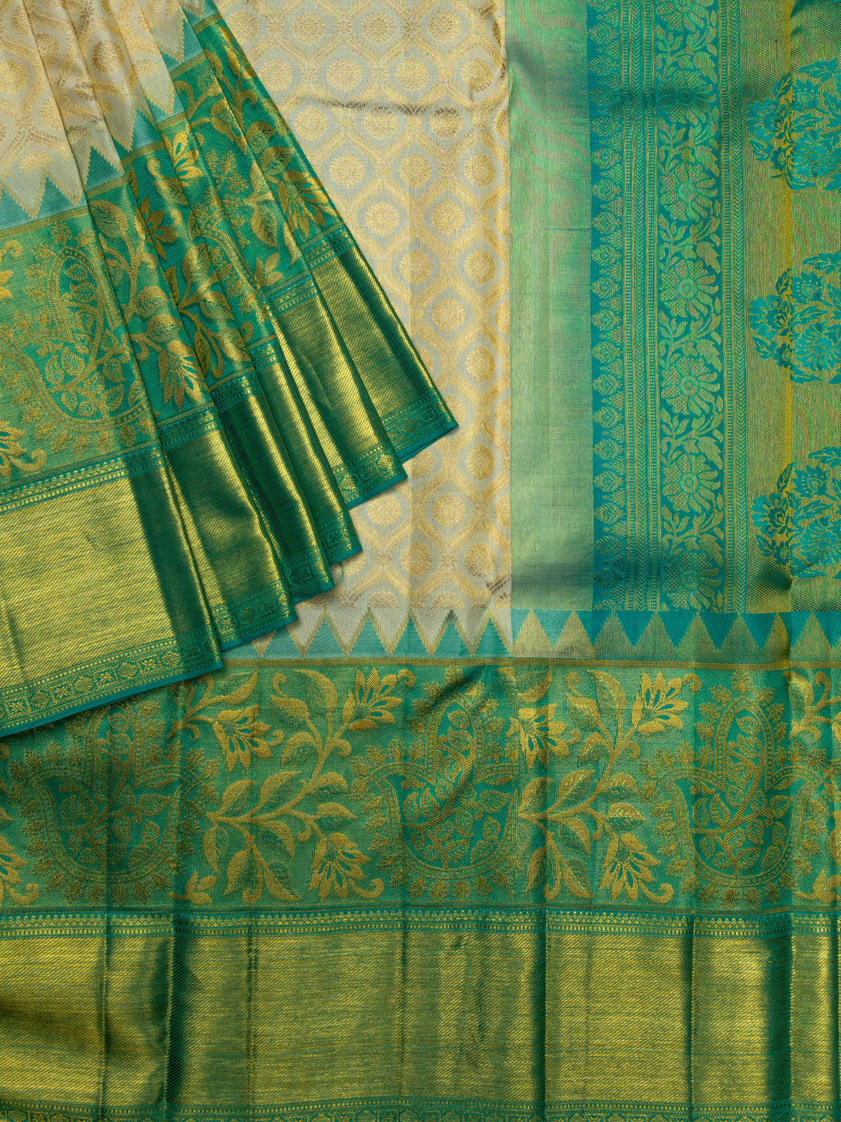 Kanjeevaram Kanchi Pattu All Over Butta Zari With Contrast Border (Talambralu) With Temple Border Green