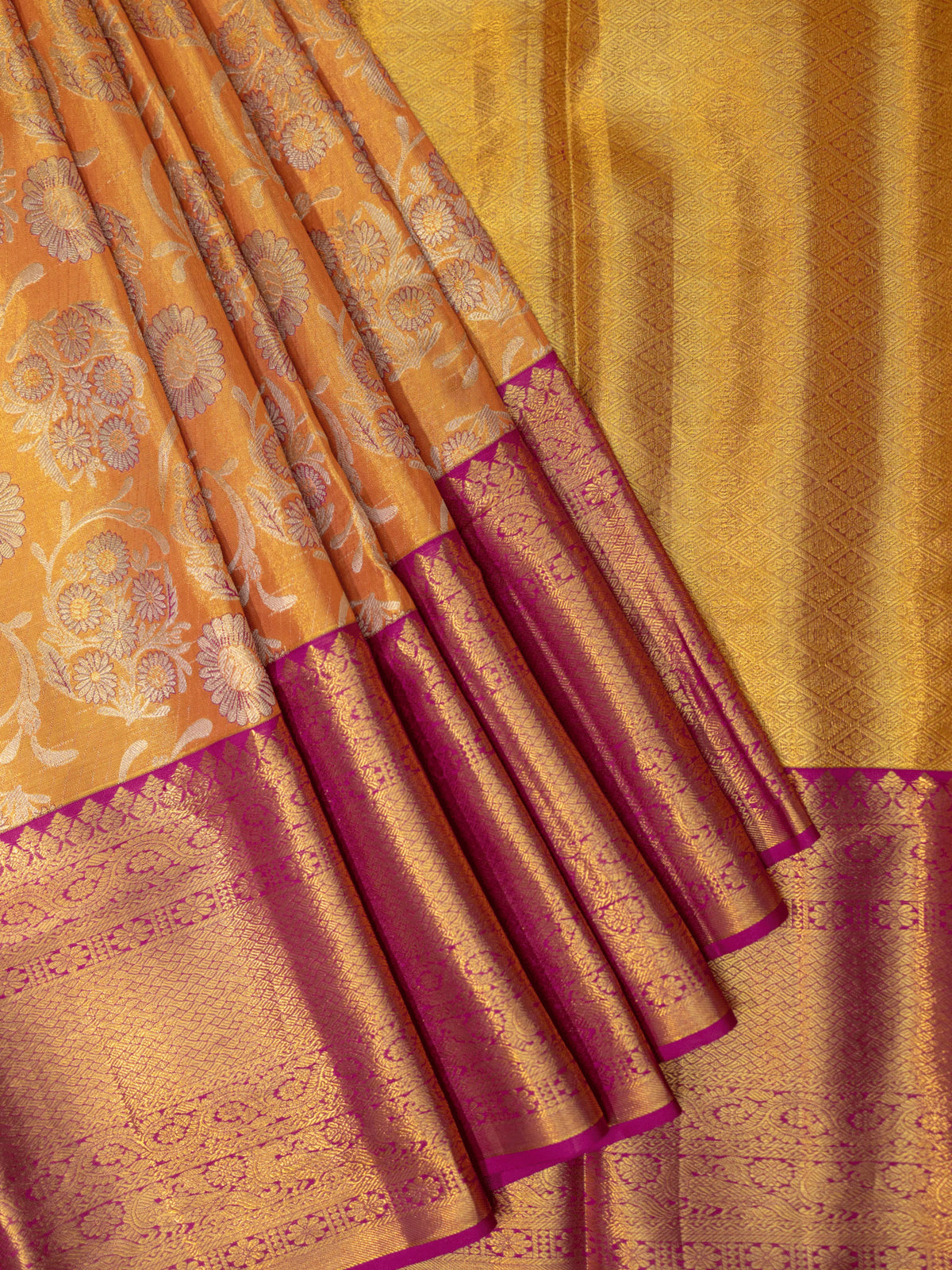 Kanjeevaram Tissue Kanchi Pattu All Over + Kanchi Border Orange + Purple