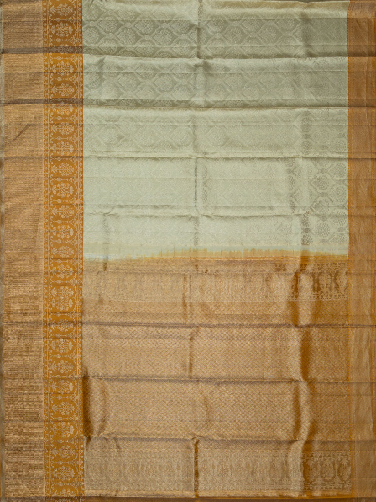 Kanjeevaram Kanchi Pattu All Over Butta Zari With Contrast Border (Talambralu) Cream + Mustard Yellow