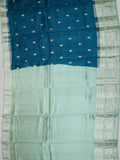 Teal Blue Chiniya Silk Saree With Silver Zari Butta & Pista Green Border
