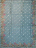 Blue Organza Saree With Parsi Thread Work And Multi Colour Border