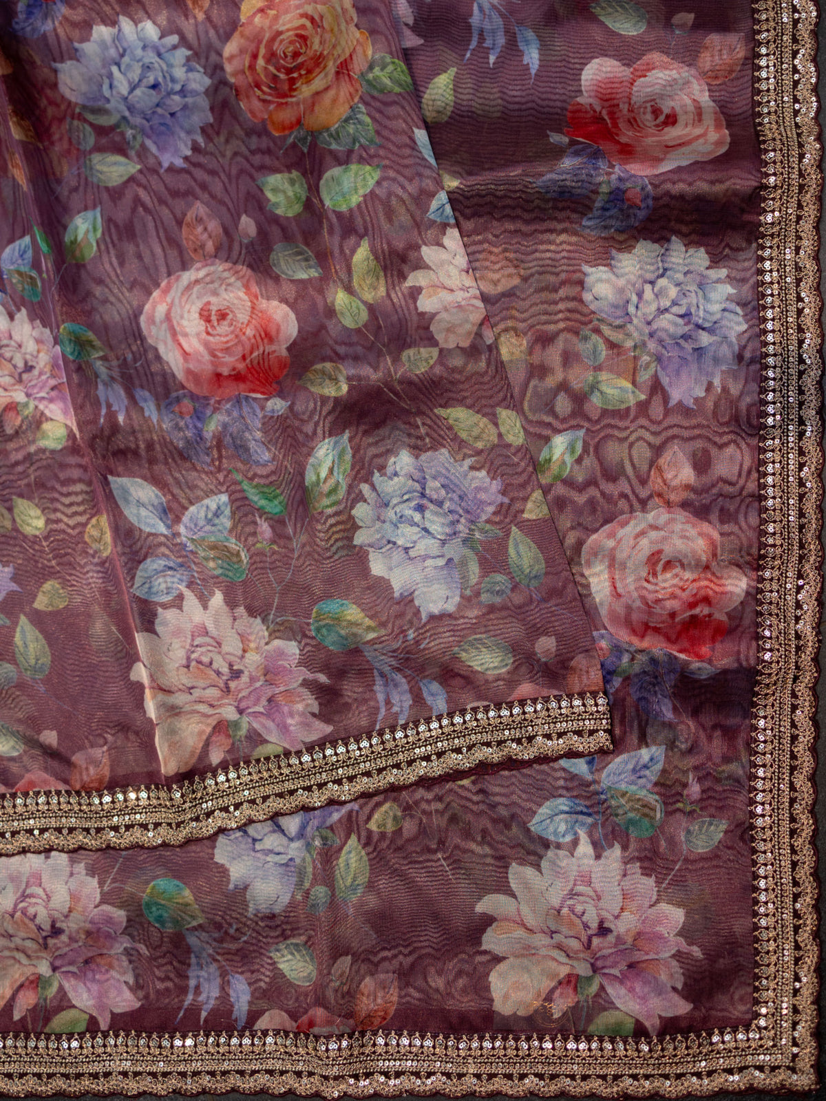 Maroon Tissue Organza Saree With Floral Design And Work Lace Border