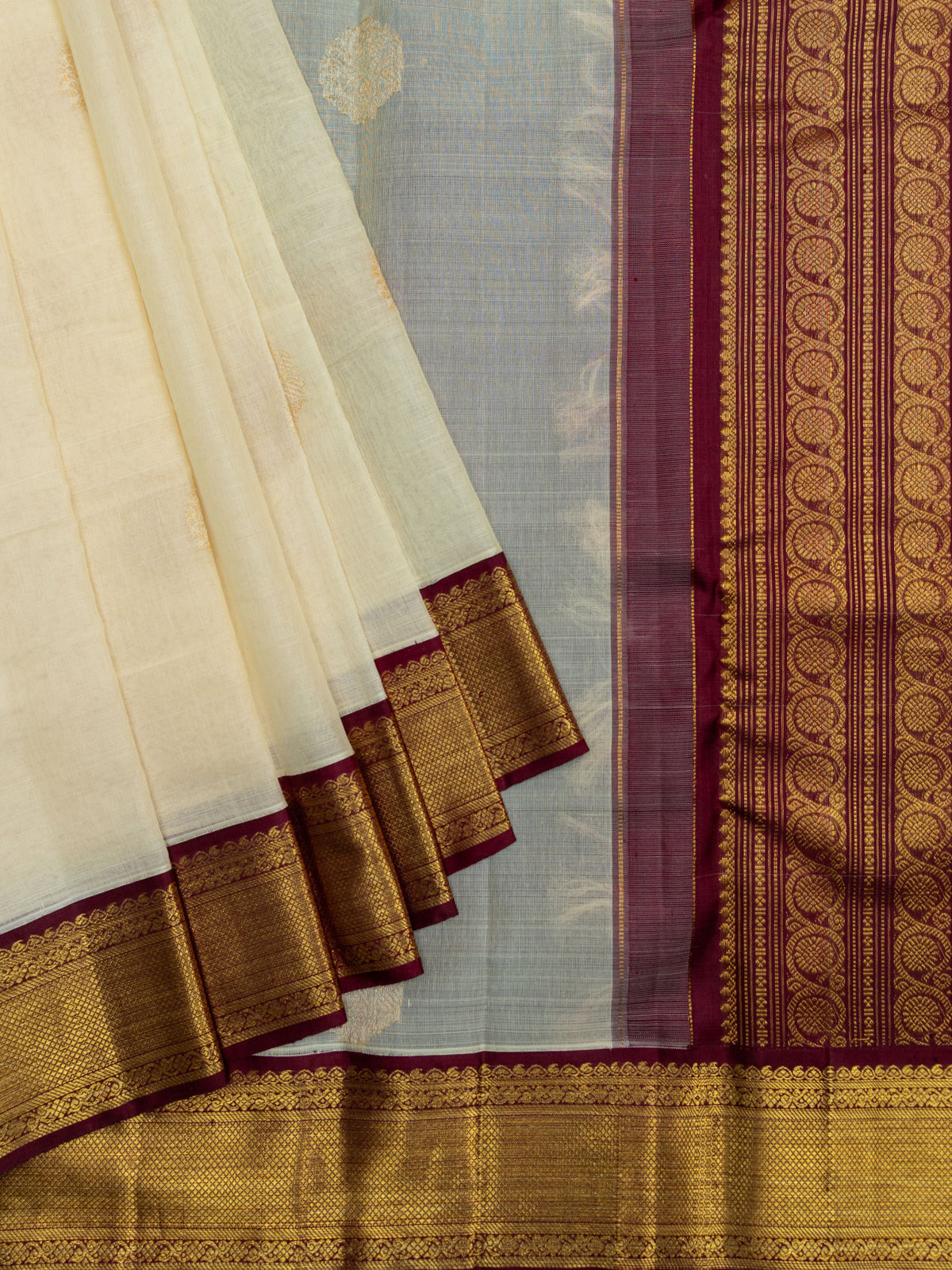 Kanjeevaram Kanchi Pattu All Over Cotton Base With Butta Zari With Contrast Border (Talambralu) With Temple Border Cream + Brown