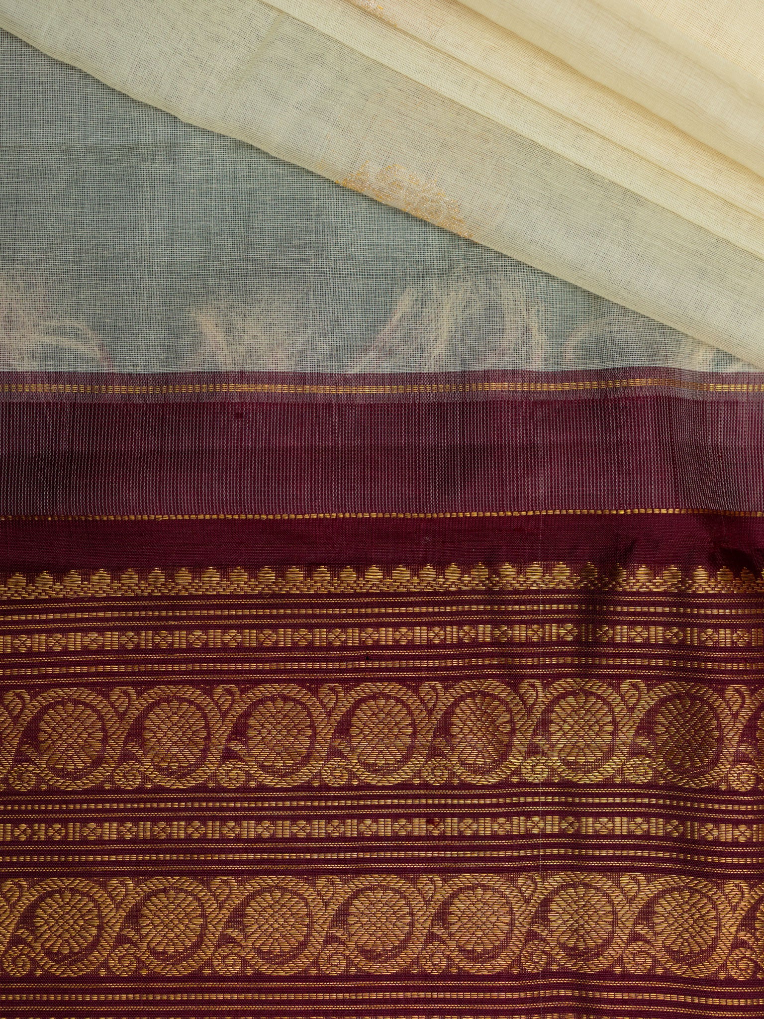 Kanjeevaram Kanchi Pattu All Over Cotton Base With Butta Zari With Contrast Border (Talambralu) With Temple Border Cream + Brown