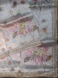 Silver Tissue Organza Saree With Floral Design And Work Lace Border