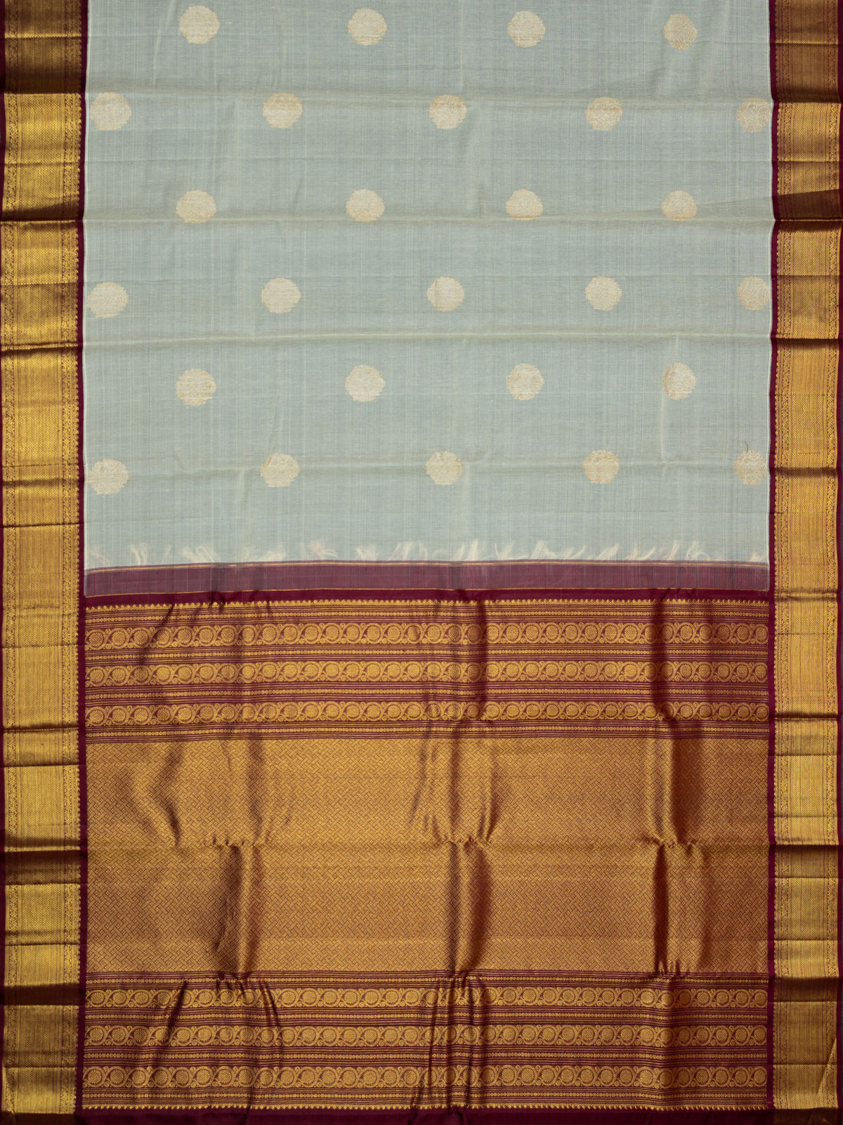 Kanjeevaram Kanchi Pattu All Over Cotton Base With Butta Zari With Contrast Border (Talambralu) With Temple Border Cream + Brown