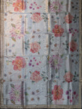 Silver Tissue Organza Saree With Floral Design And Work Lace Border
