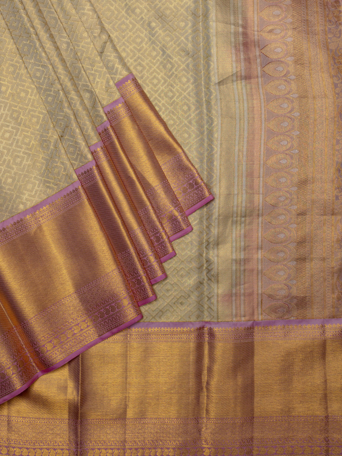Kanjeevaram Kanchi Pattu All Over Butta Zari With Contrast Border (Talambralu) Cream + Pink