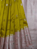 Mustard Yellow Chiniya Silk Saree – Silver Zari Butta & Peach Border