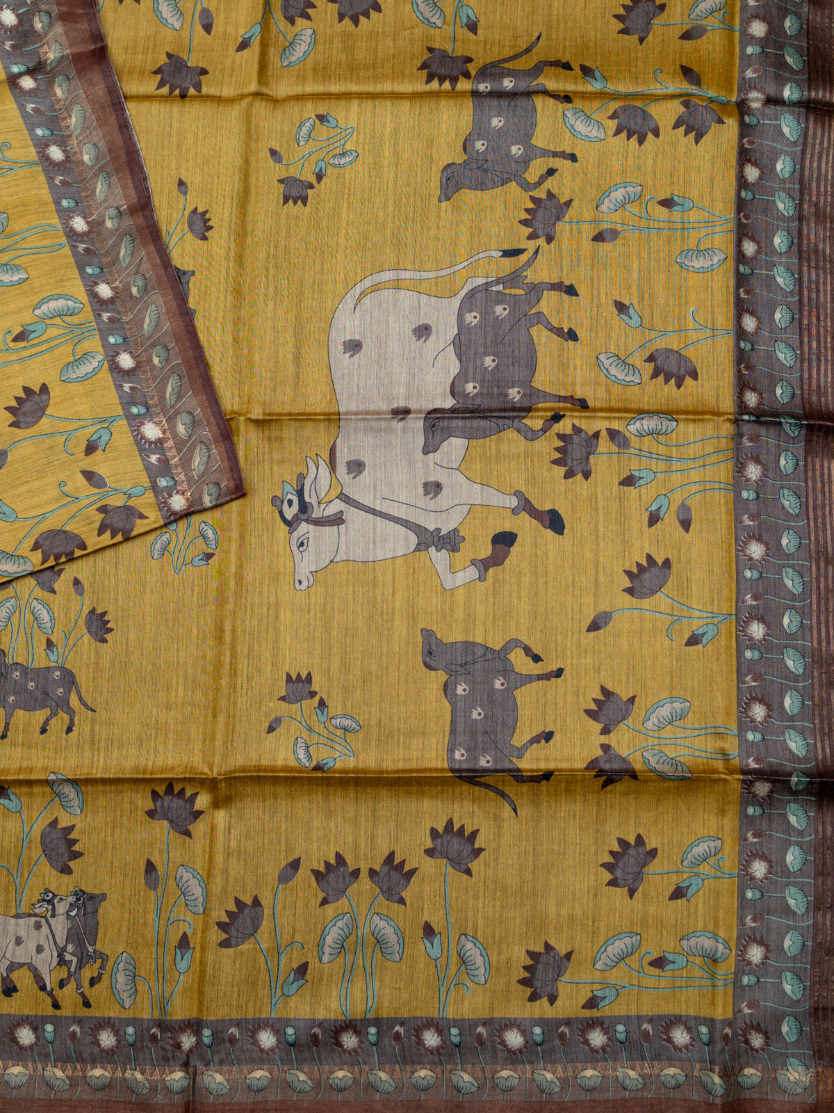 Fancy Tussar Silk Tussar Silk Pichwai Printed Pallu And Blouse Dull Yellow