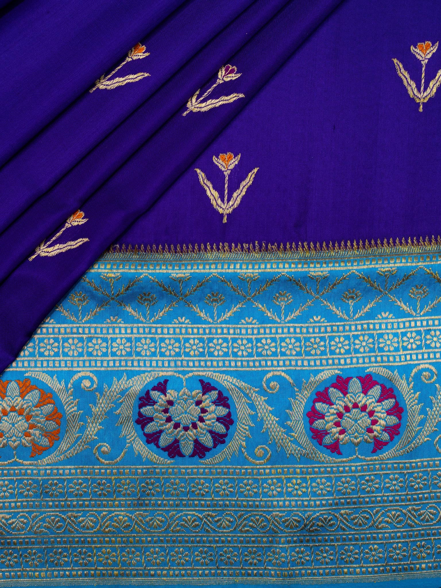 Weaves Banarasi Banarasi Butta Contrast Border & Pallu Purple + Blue