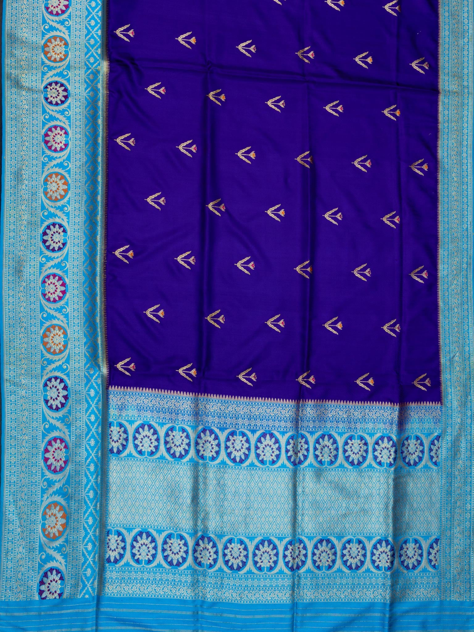 Weaves Banarasi Banarasi Butta Contrast Border & Pallu Purple + Blue