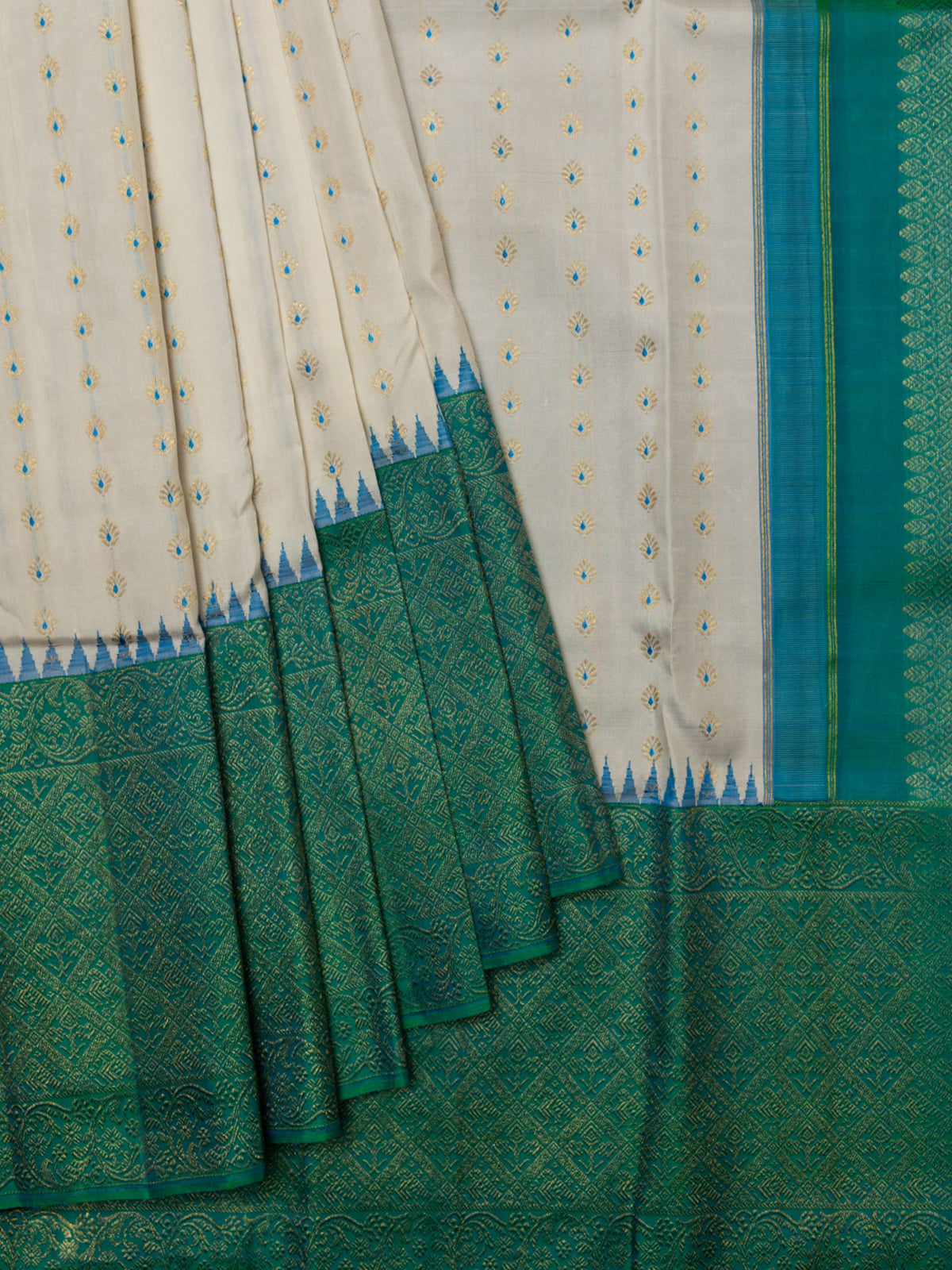 Kanjeevaram Kanchi Pattu All Over Butta Zari With Contrast Border (Talambralu) With Temple Border White + Blue