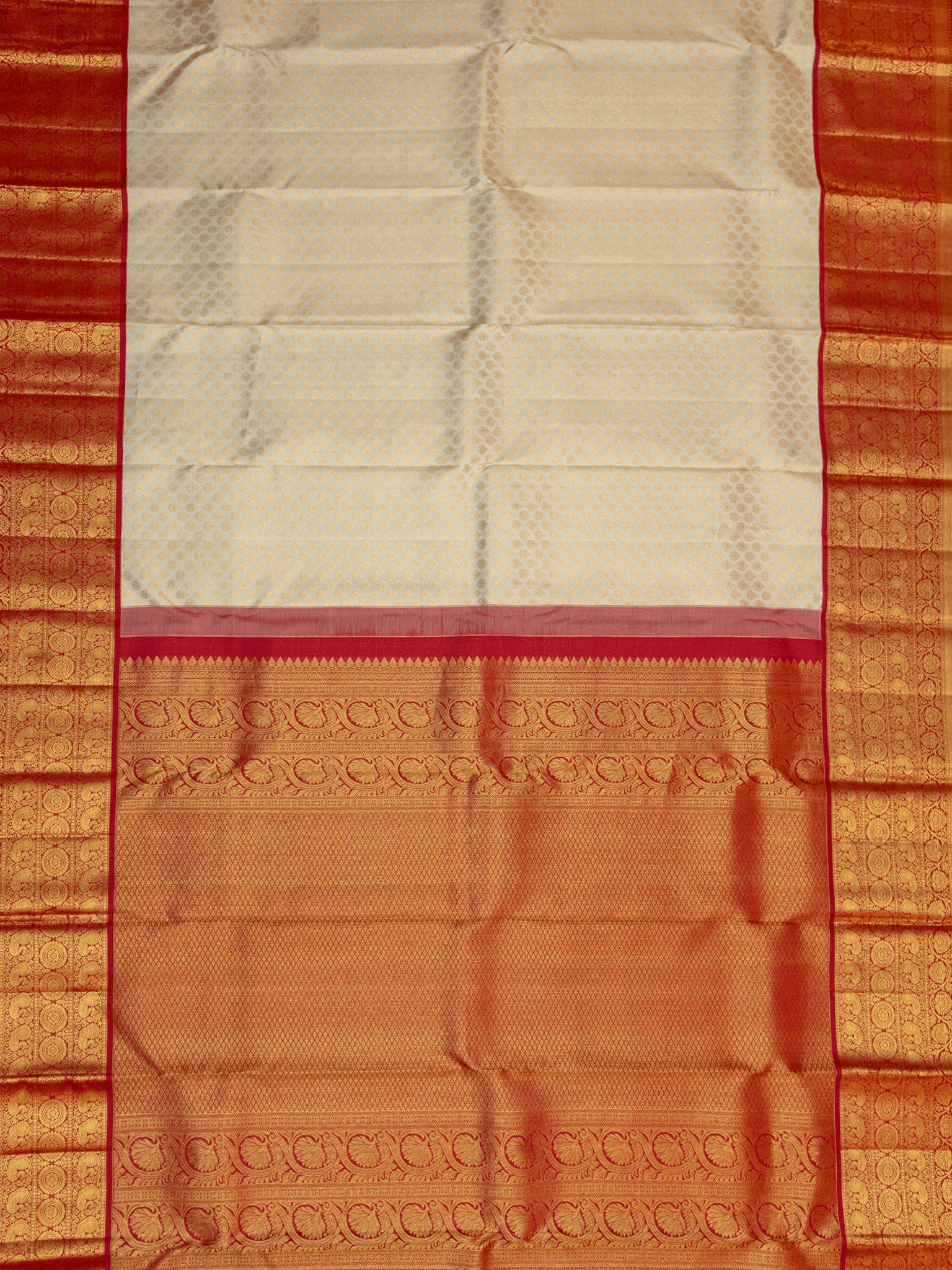 Kanjeevaram Kanchi Pattu All Over Butta Gold Zari With Contrast Border (Talambralu) White + Red