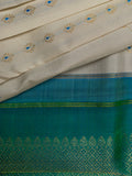 Kanjeevaram Kanchi Pattu All Over Butta Zari With Contrast Border (Talambralu) With Temple Border White + Blue