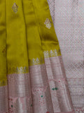 Mustard Yellow Chiniya Silk Saree – Silver Zari Butta & Peach Border