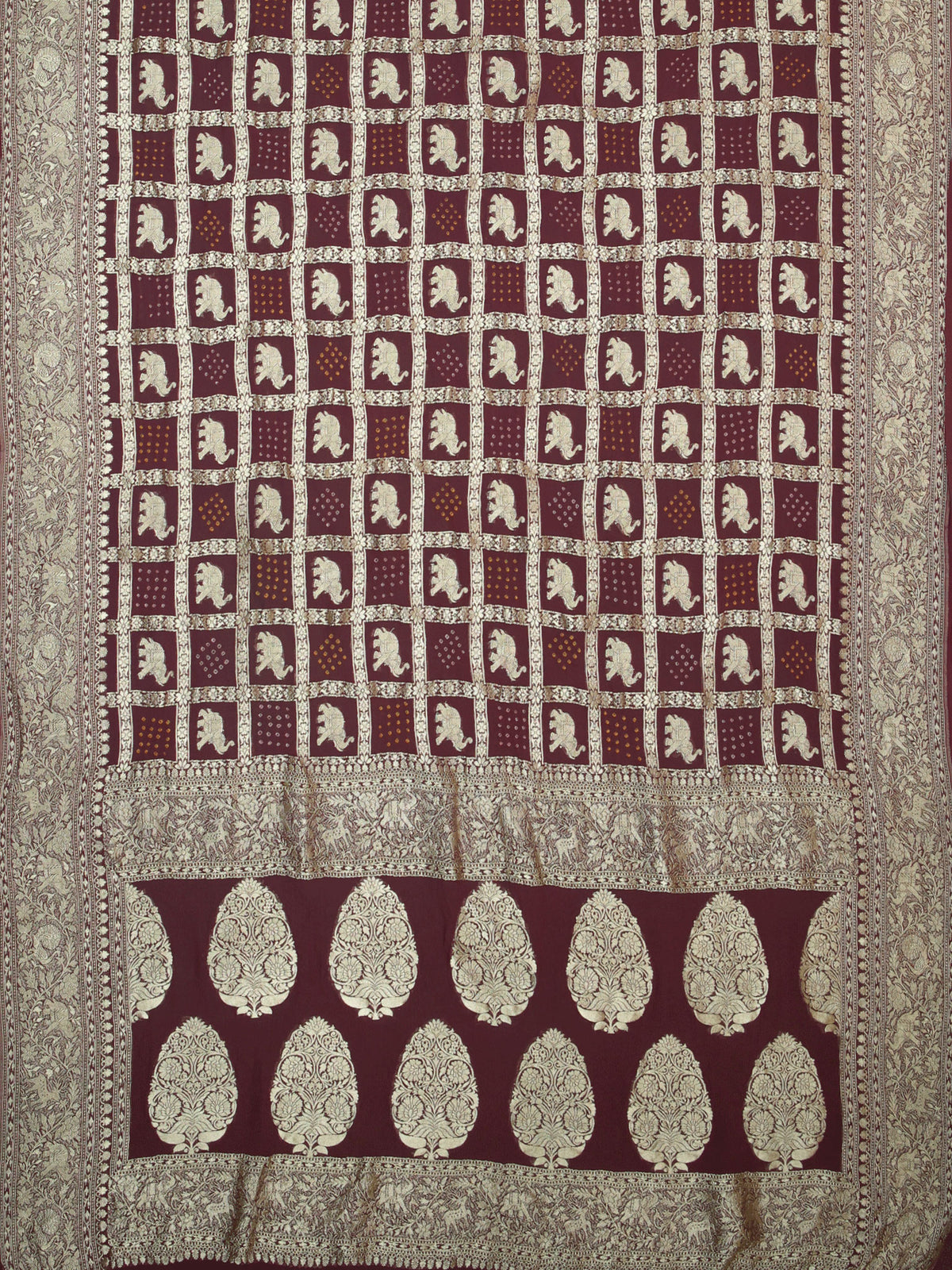 Fancy Georgette Zari Checks With Butta + Bandini Print Wine