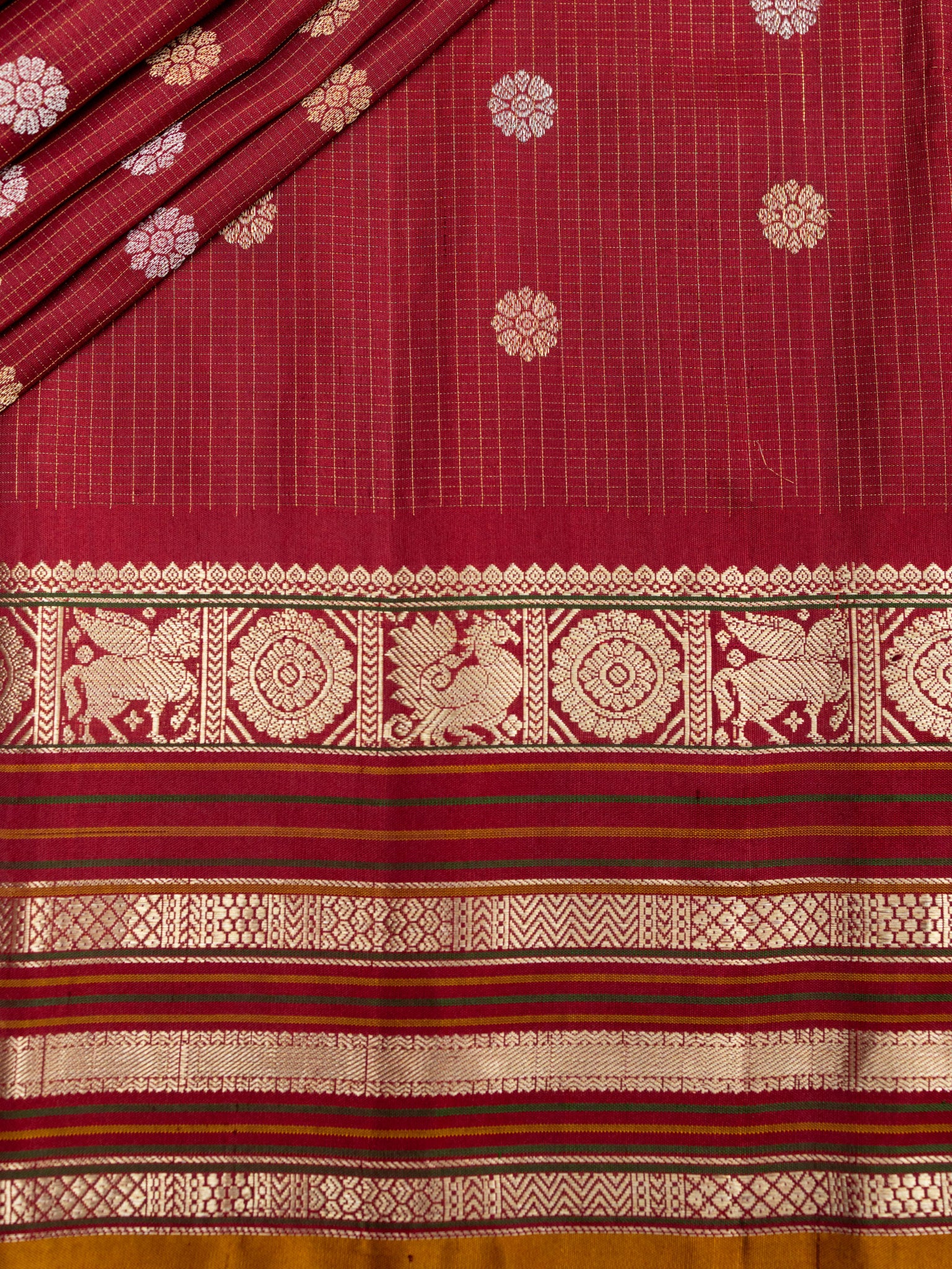 Weaves Gadwal Pattu With Contrast Border With Temple Border With Butta Checks