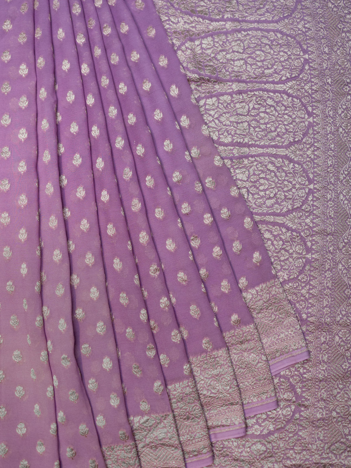 Lavender Kaddi Georgette Banarasi Saree With All Over Butta & Zari Border