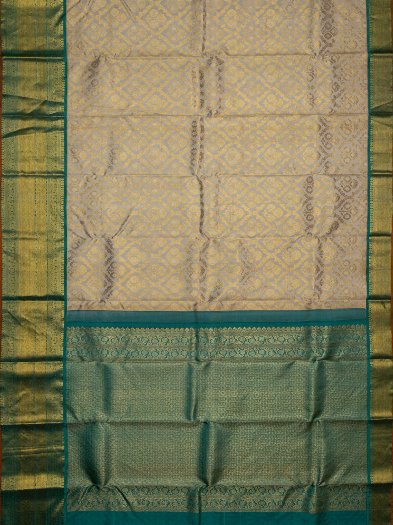 Kanjeevaram Kanchi Pattu All Over Butta Zari With Contrast Border & Edgeing (Talambralu) Cream + Green + Orange