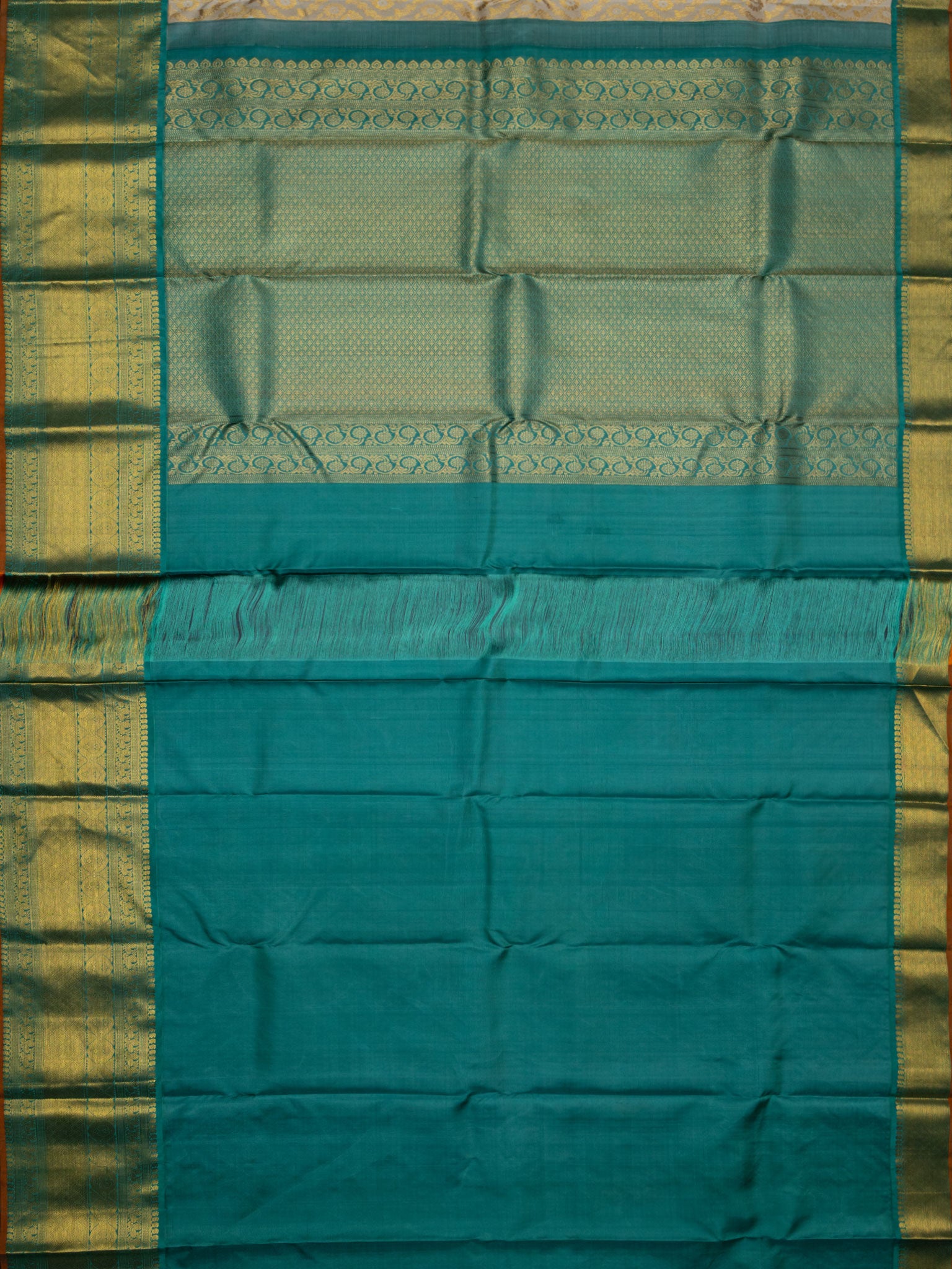 Kanjeevaram Kanchi Pattu All Over Butta Zari With Contrast Border & Edgeing (Talambralu) Cream + Green + Orange