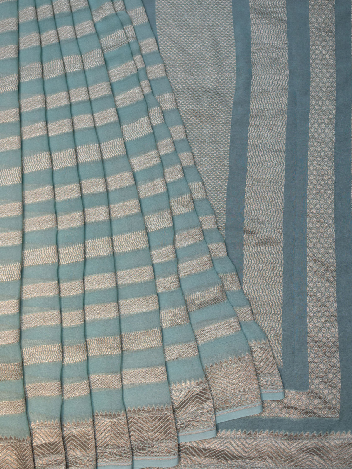 Blue Kaddi Georgette Banarasi Saree with Horizontal Zari Lines & Zari Border