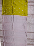 Mustard Yellow Chiniya Silk Saree – Silver Zari Butta & Peach Border