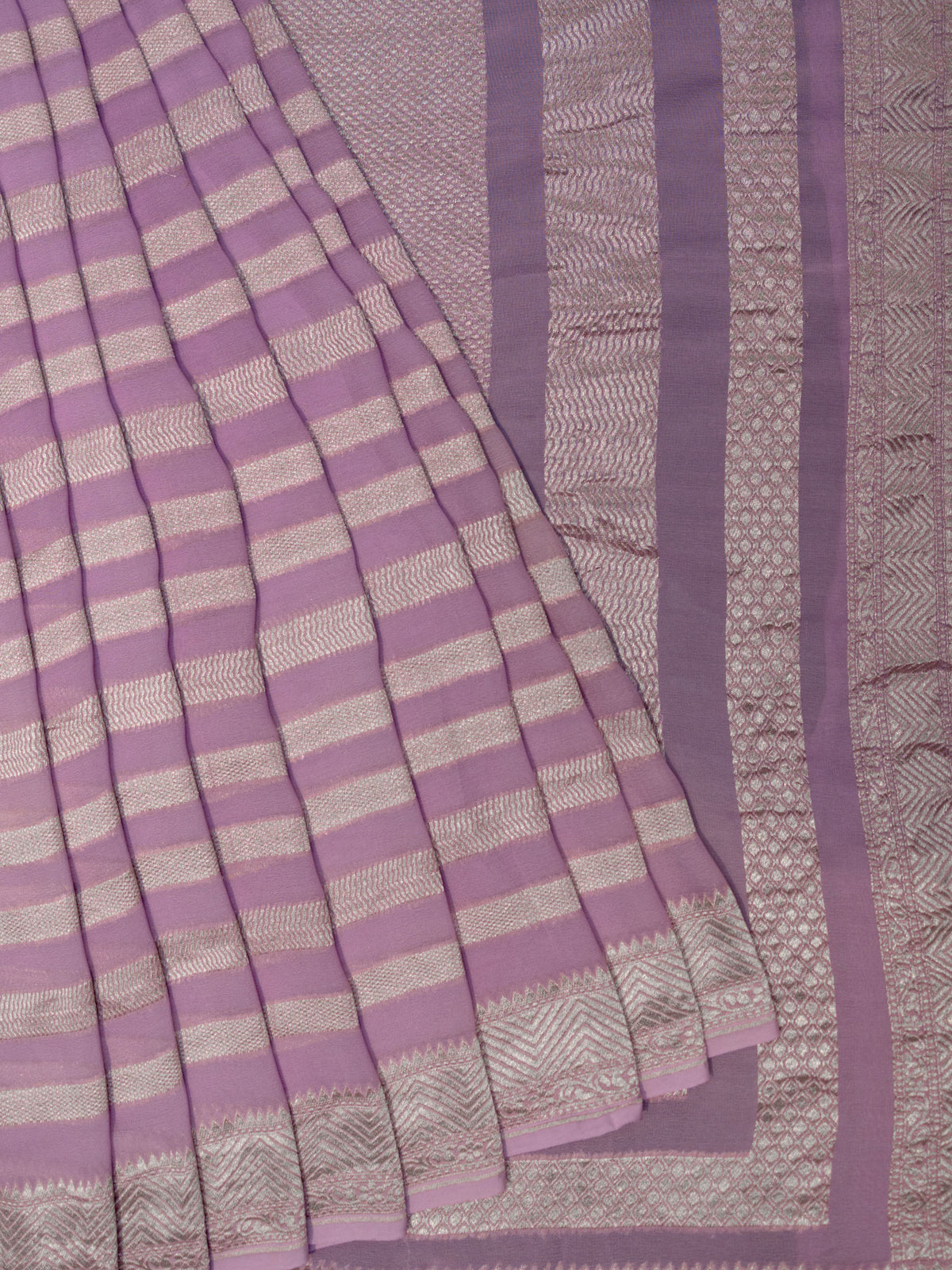 Lavender Kaddi Georgette Banarasi Saree with Horizontal Zari Lines & Zari Border