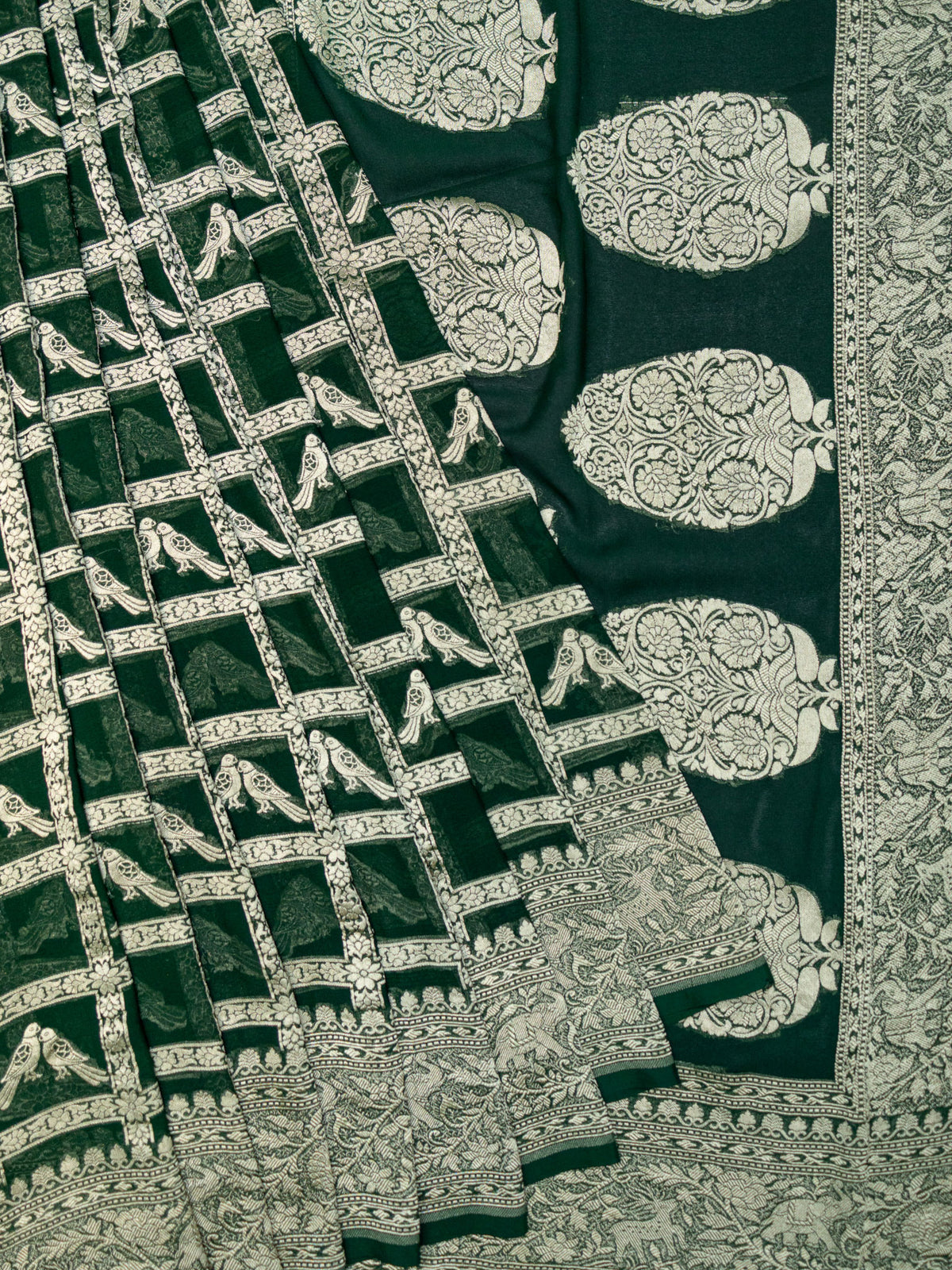 Bottle Green Kaddi Georgette Banarasi Saree With Zari Checks & Butta And Zari Border