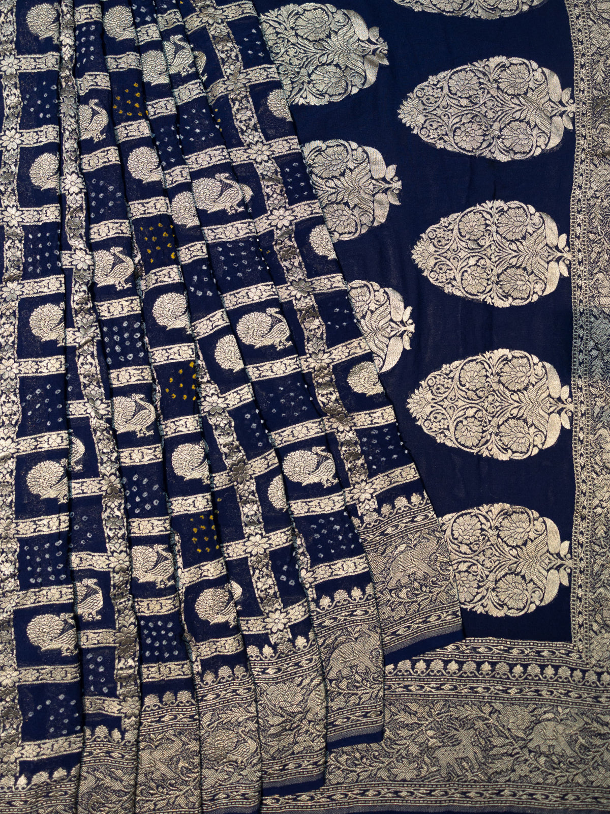 Fancy Georgette Zari Checks With Butta + Bandini Print Blue