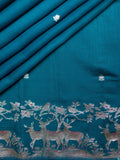 Teal Blue Chiniya Silk Saree With Small Butta Deer Border And Self Gold Zari
