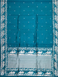 Teal Blue Chiniya Silk Saree With Small Butta Deer Border And Self Gold Zari