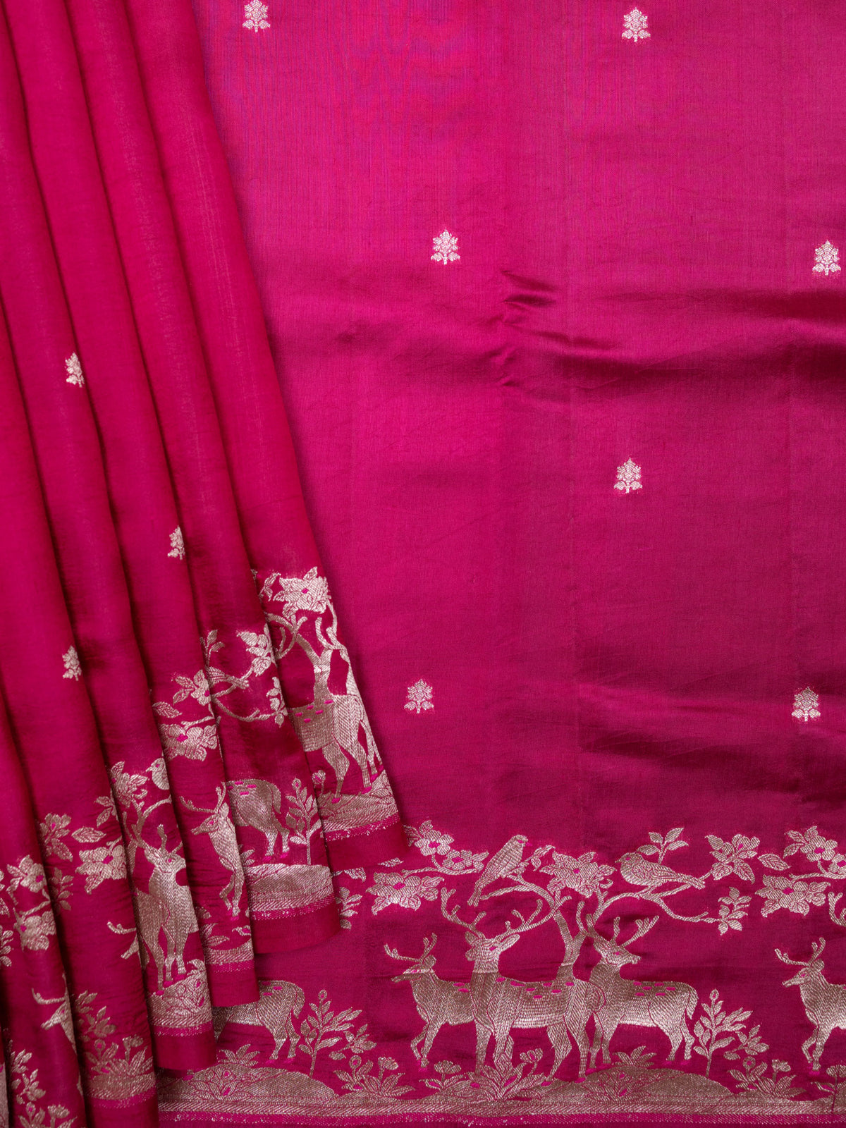 Pink Chiniya Silk Saree With Small Butta Deer Border And Self Gold Zari