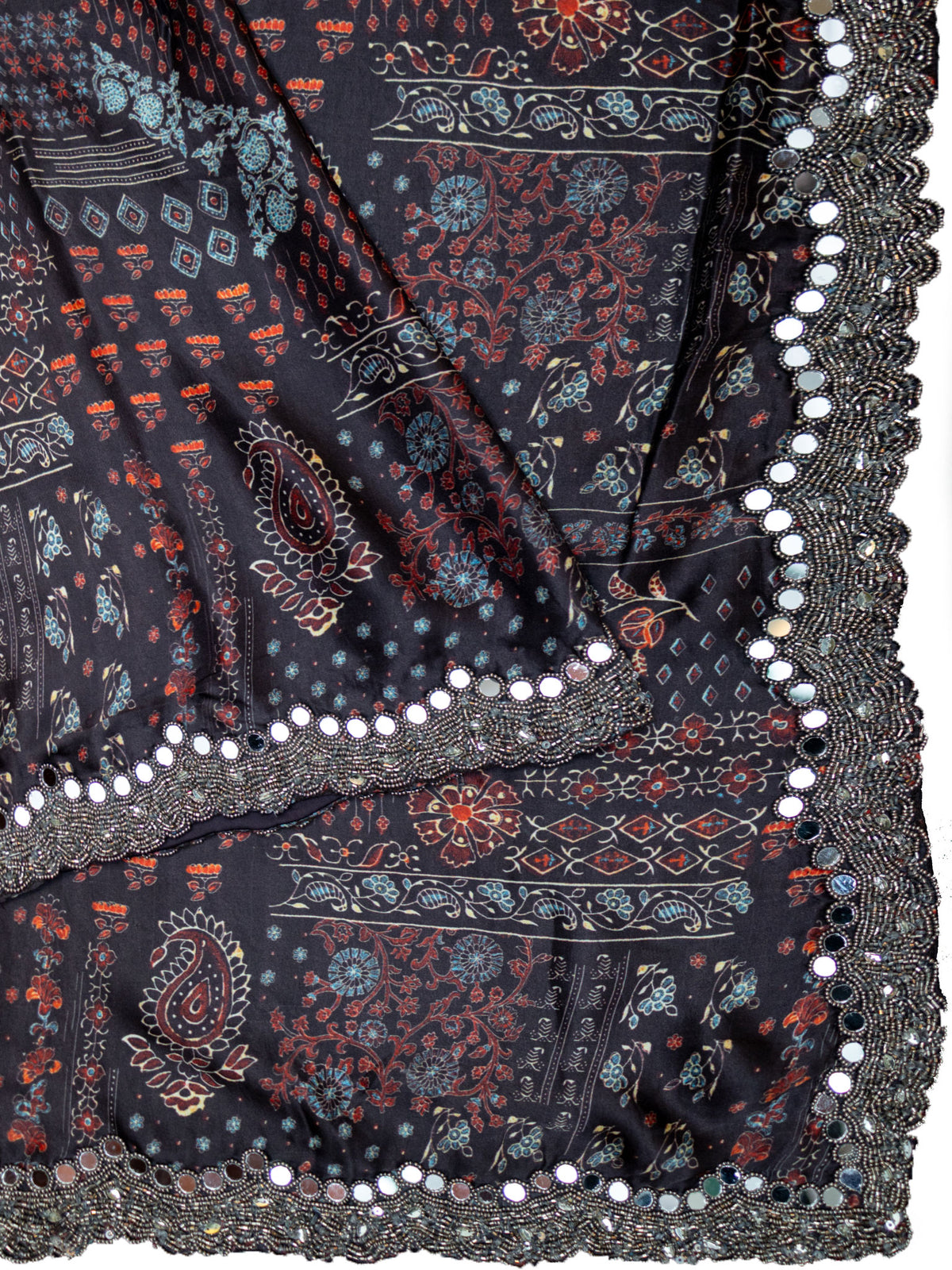 Fancy Crepe Ajrak Print With Border Sequence And Mirror Work Coffee Brown