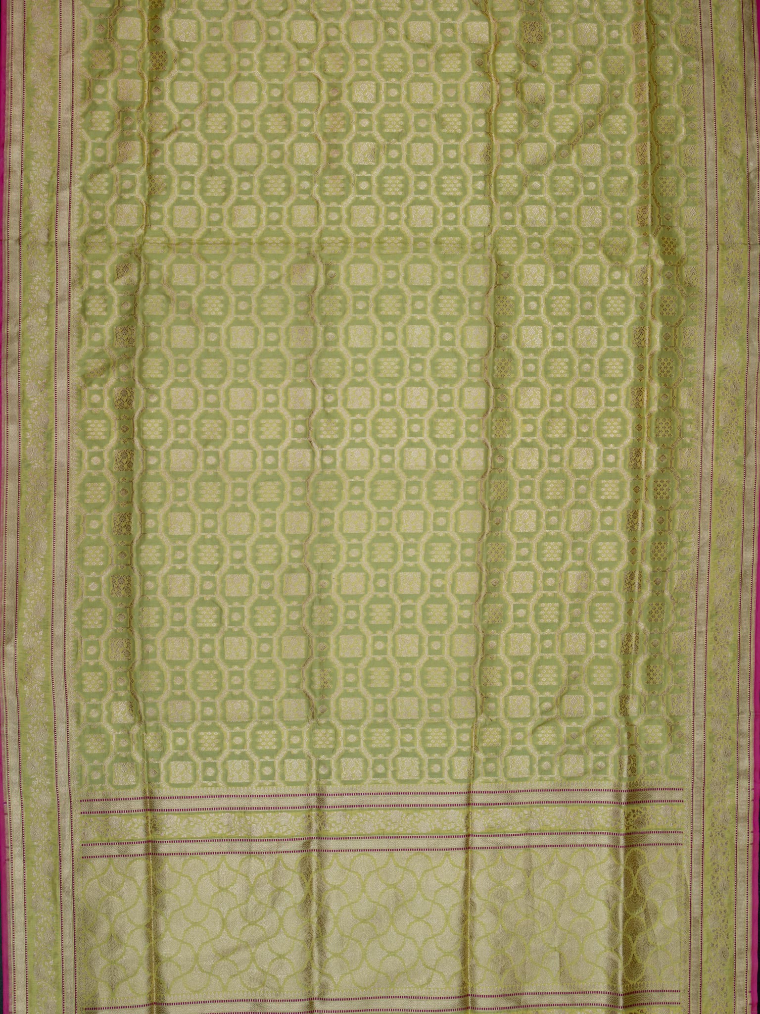 Weaves Banarasi Banarasi Jaal With Edgeing Yellow + Pink
