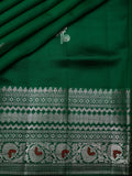 Green Chiniya Silk Saree With Gold Zari Butta & Contrast Silver Border