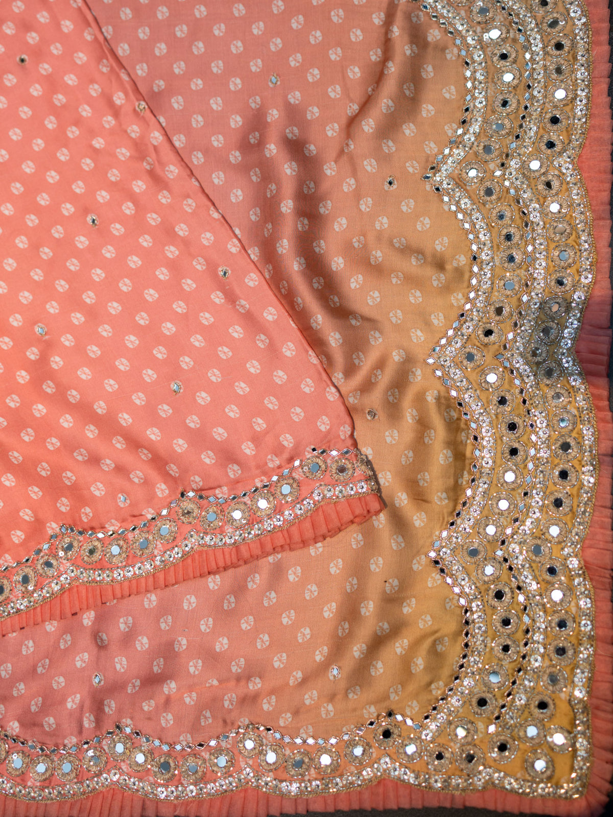 Fancy Crepe Bandini Print With Border Sequence And Mirror Work Peach + Orange (Dual)