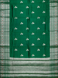 Green Chiniya Silk Saree With Gold Zari Butta & Contrast Silver Border