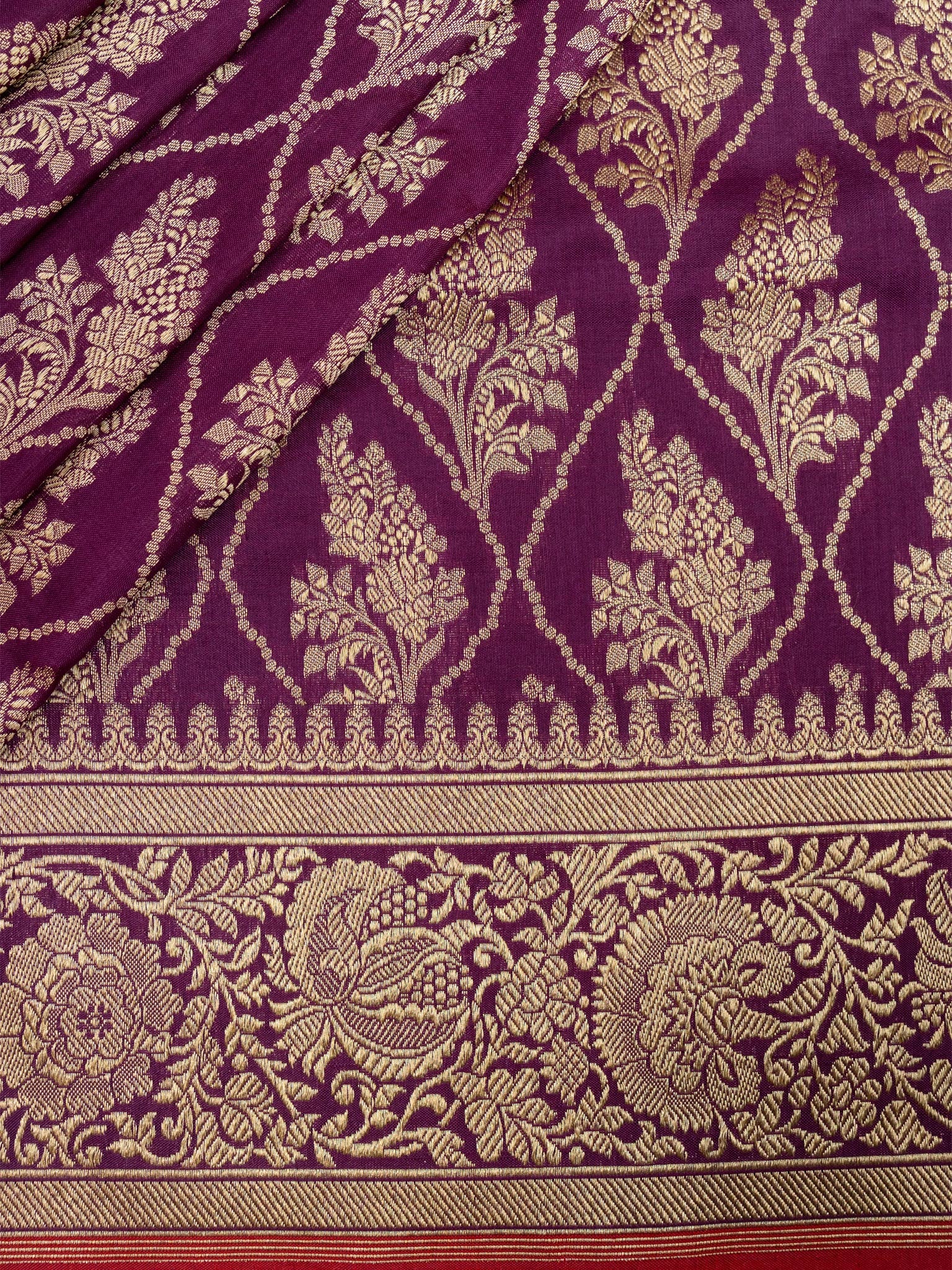 Weaves Banarasi Banarasi Jaal With Edgeing Purple + Red