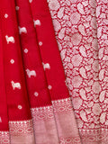 Red Chiniya Silk Saree With Pichwai Butta Design And Small Self Gold Zari