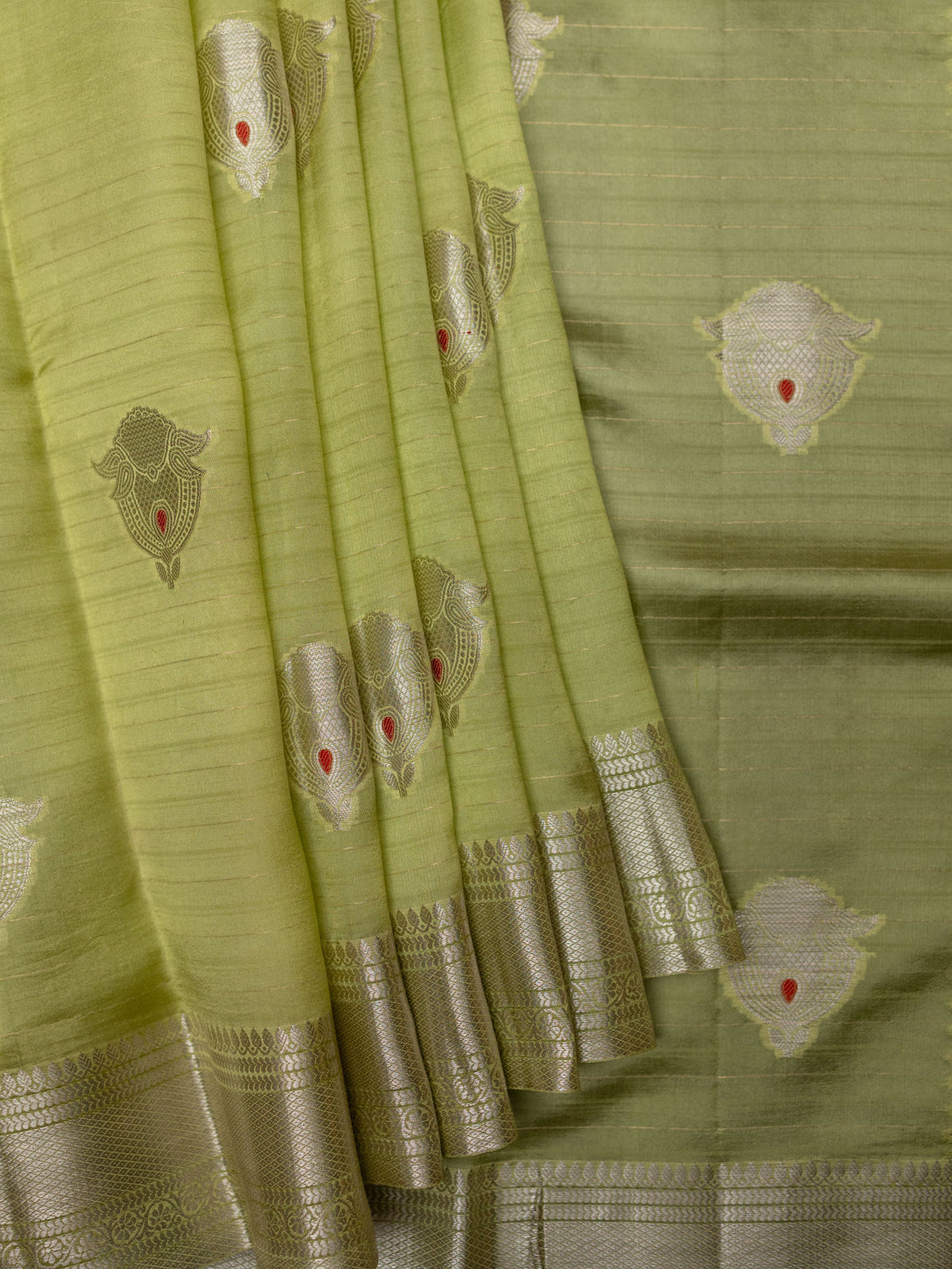 Light Green Chiniya Silk Saree – Silver Zari Butta With Contrast Border