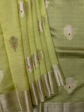 Light Green Chiniya Silk Saree – Silver Zari Butta With Contrast Border