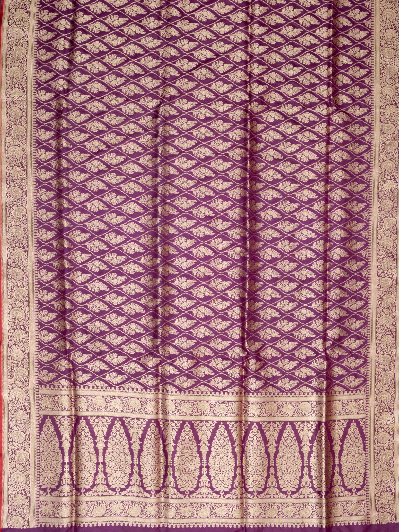 Weaves Banarasi Banarasi Jaal With Edgeing Purple + Red