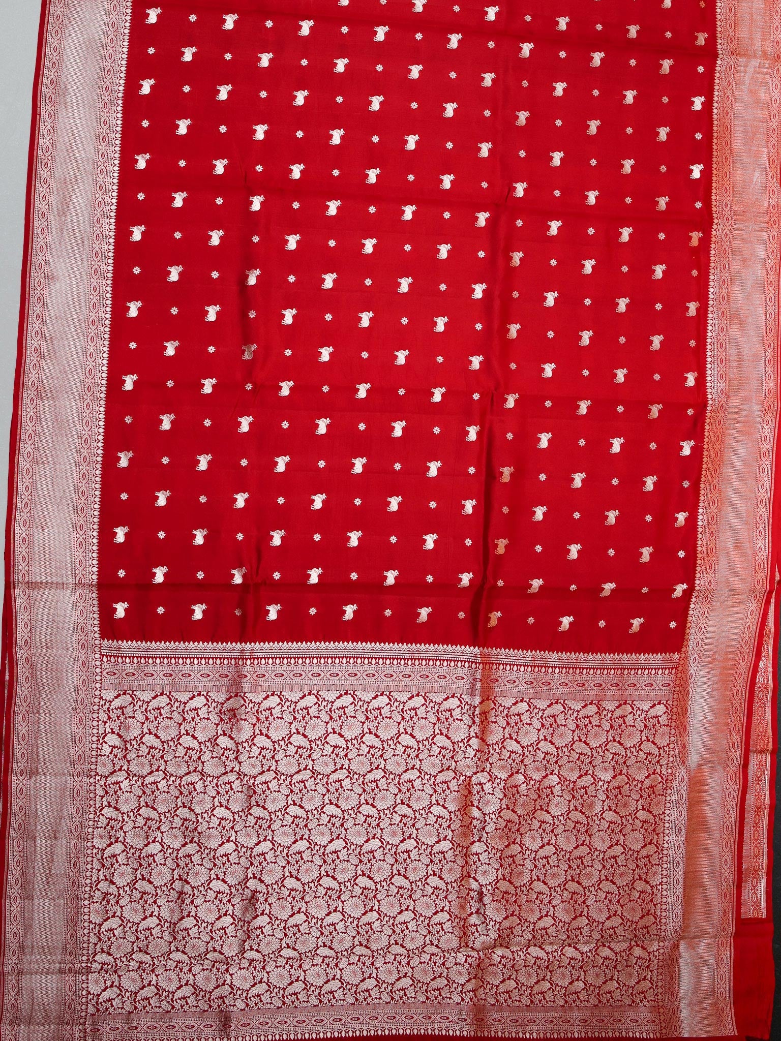 Red Chiniya Silk Saree With Pichwai Butta Design And Small Self Gold Zari