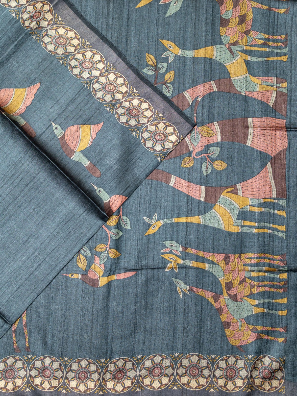 Fancy Tussar Silk Tussar Silk Printed Elephant Grey