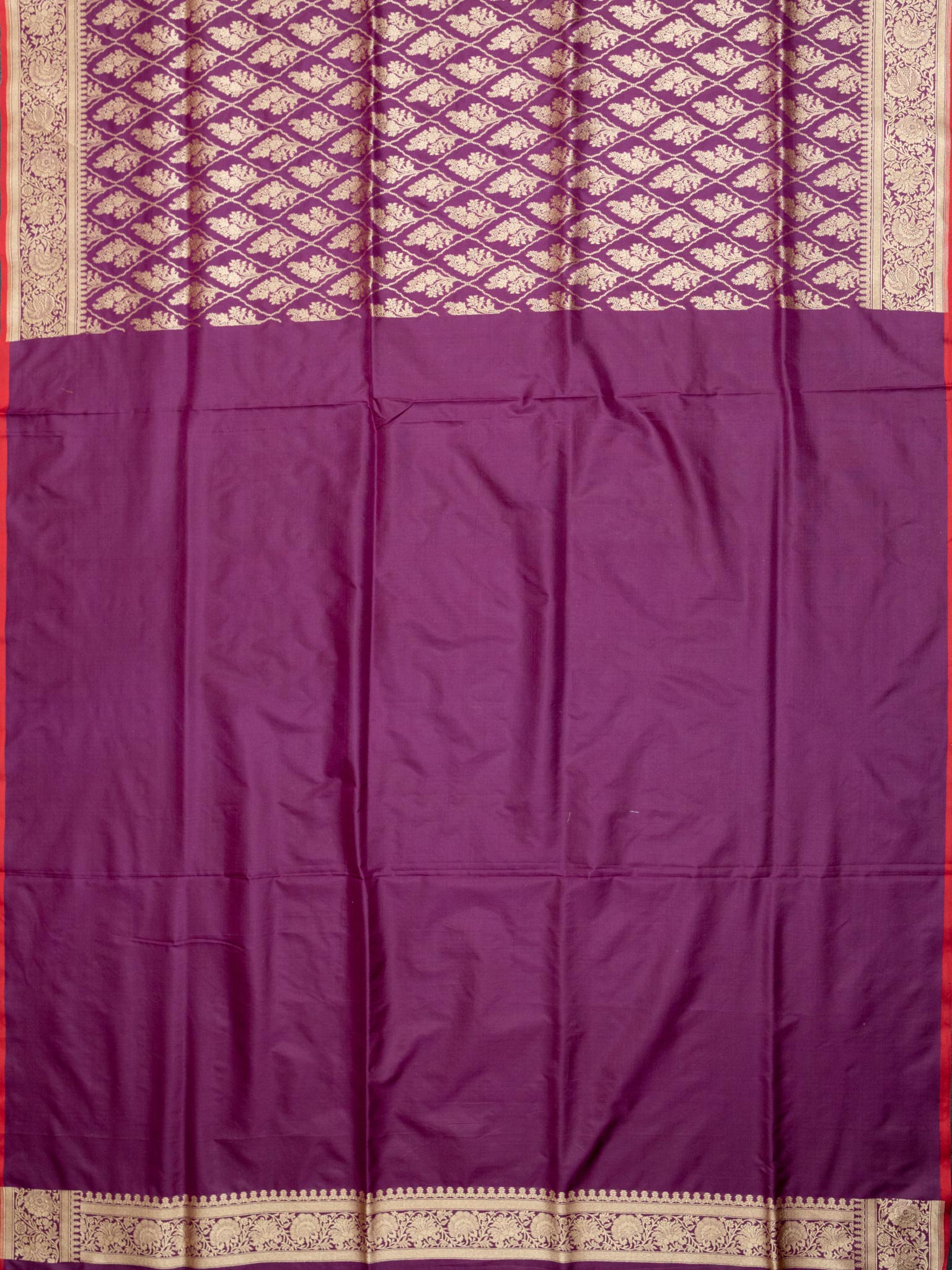 Weaves Banarasi Banarasi Jaal With Edgeing Purple + Red