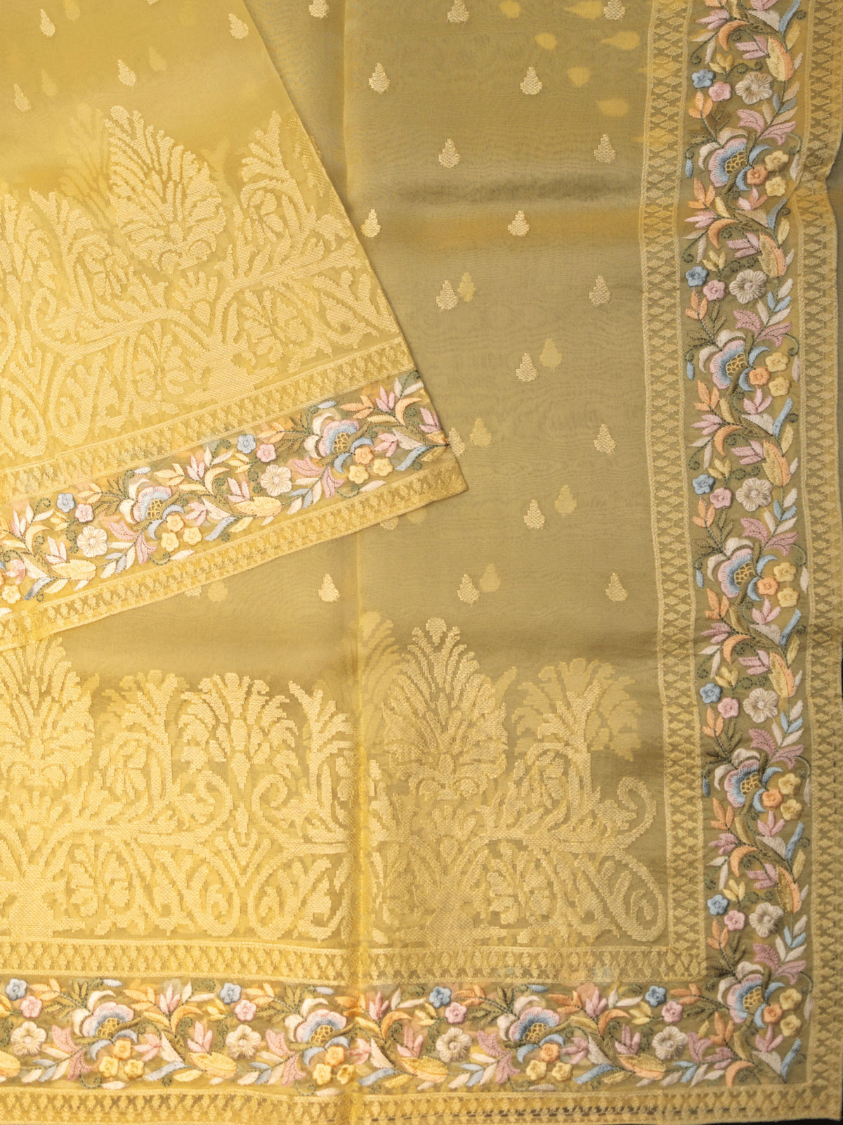 Yellow Organza Saree with Parsi Thread Work & Multi-Colour Border